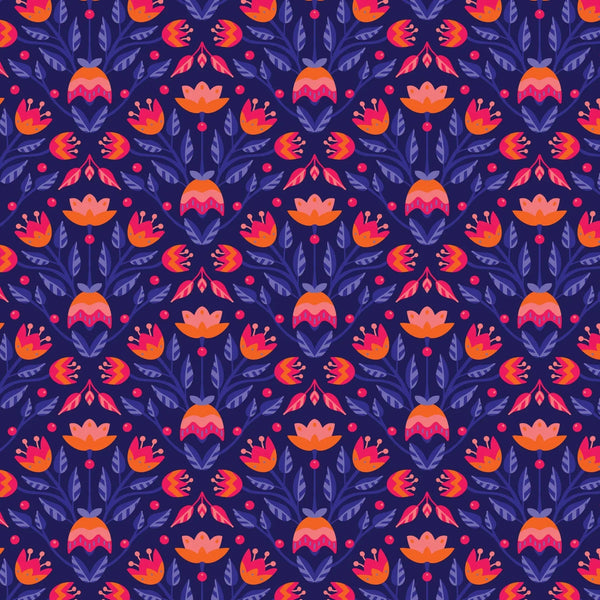 Full Bloom - Navy fabric with vibrant floral garden pattern.