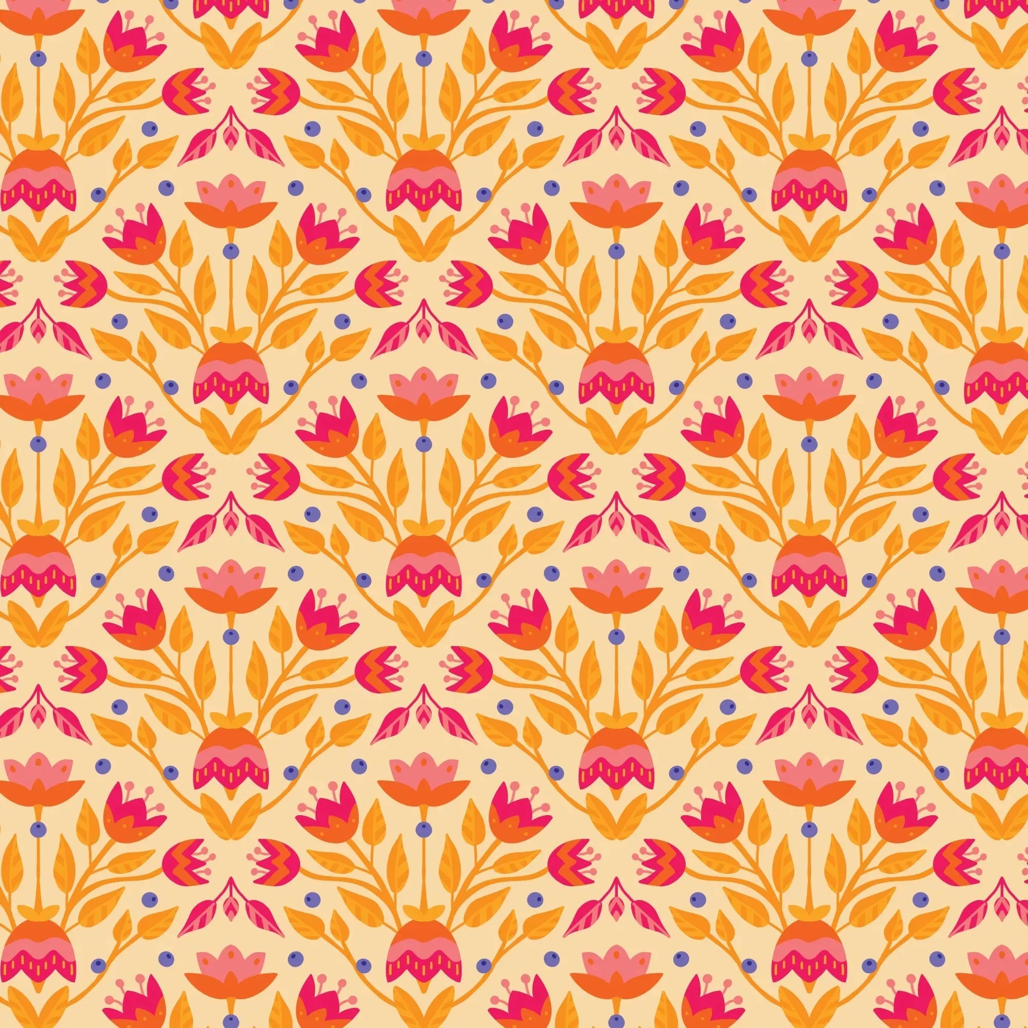 Full Bloom - Pale Orange fabric with vibrant floral garden pattern