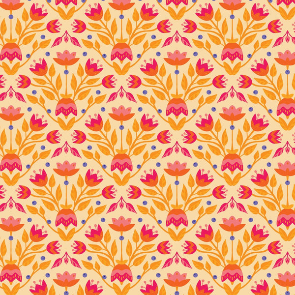 Full Bloom - Pale Orange fabric with vibrant floral garden pattern
