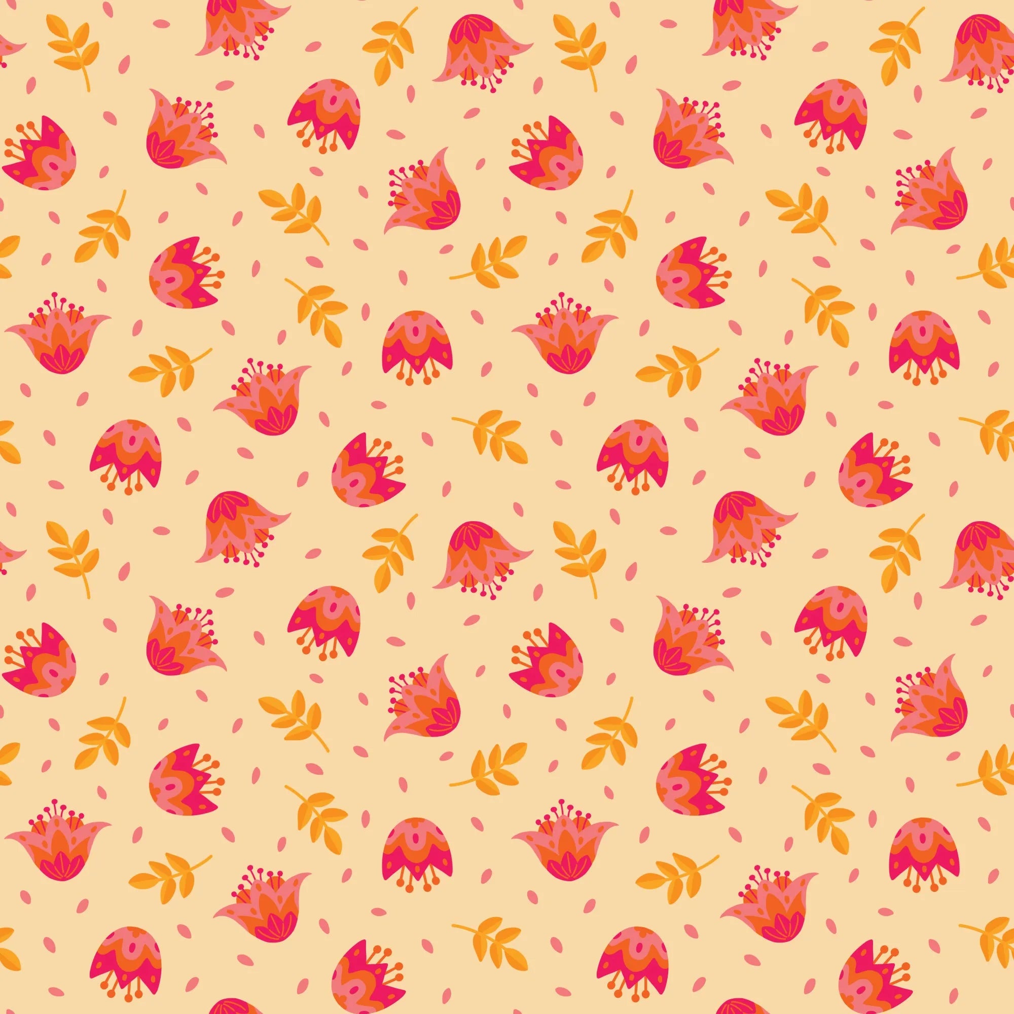 Flower Dance fabric in pale orange with vibrant floral pattern.