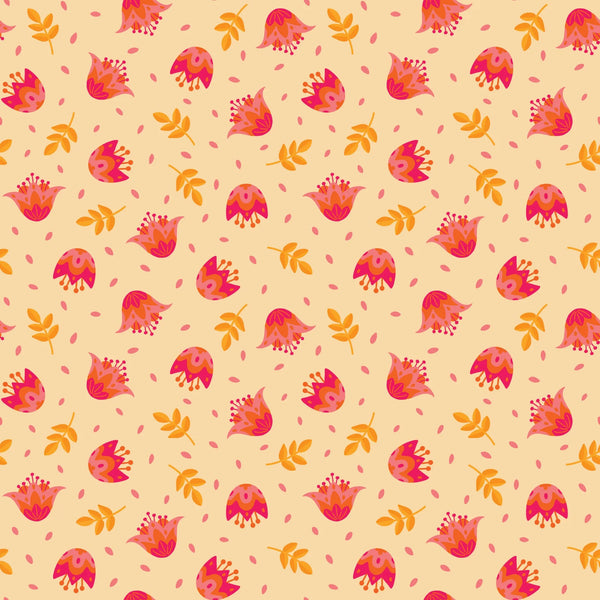 Flower Dance fabric in pale orange with vibrant floral pattern.