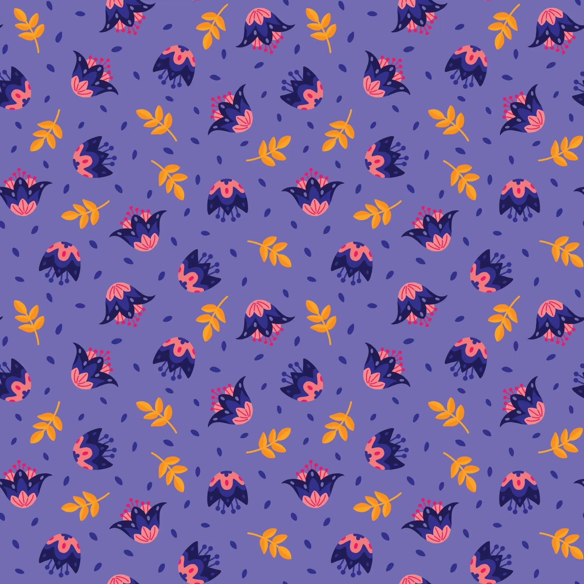 Flower Dance - Blue fabric with vibrant blooming garden pattern.