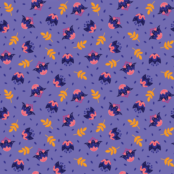 Flower Dance - Blue fabric with vibrant blooming garden pattern.