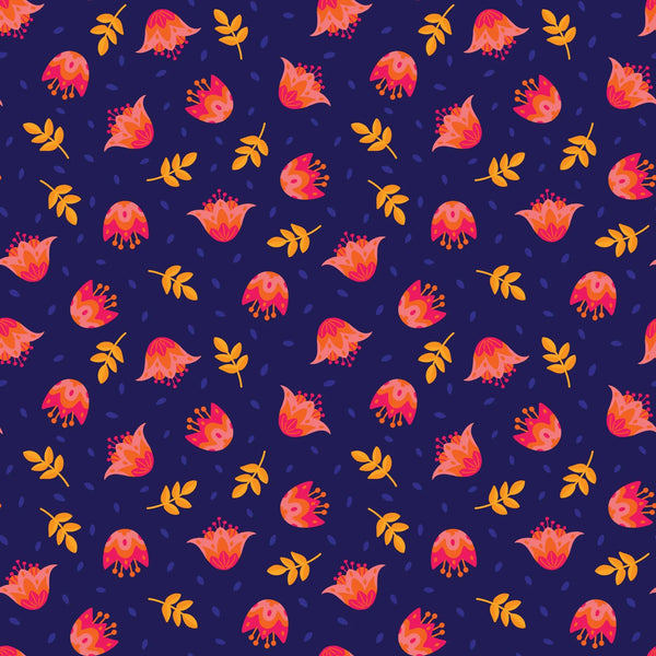Flower Dance Navy fabric with vibrant floral pattern by Jojulein Design