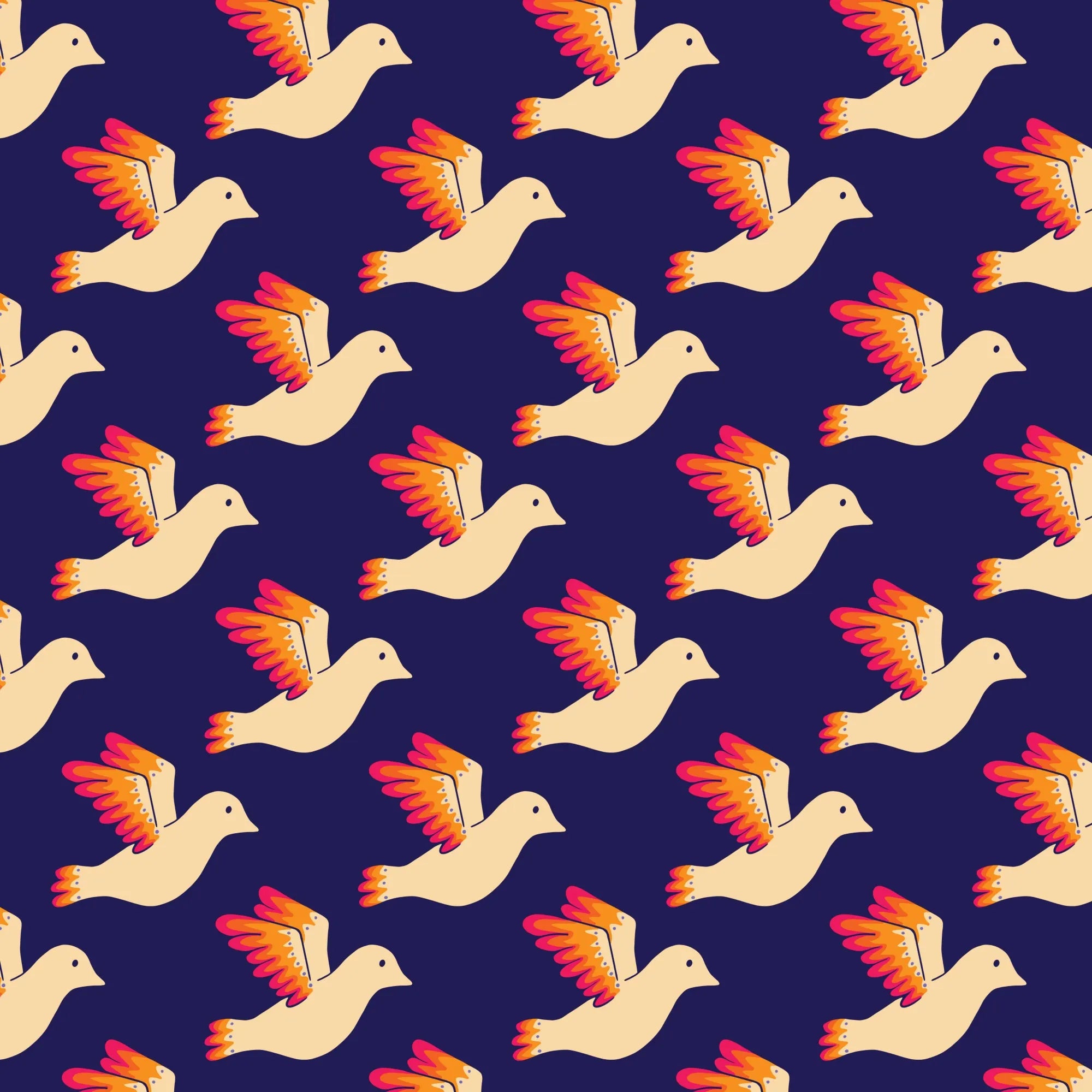 Birdies navy fabric with colorful birds in flight pattern.