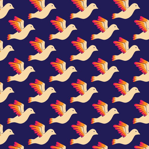 Birdies navy fabric with colorful birds in flight pattern.