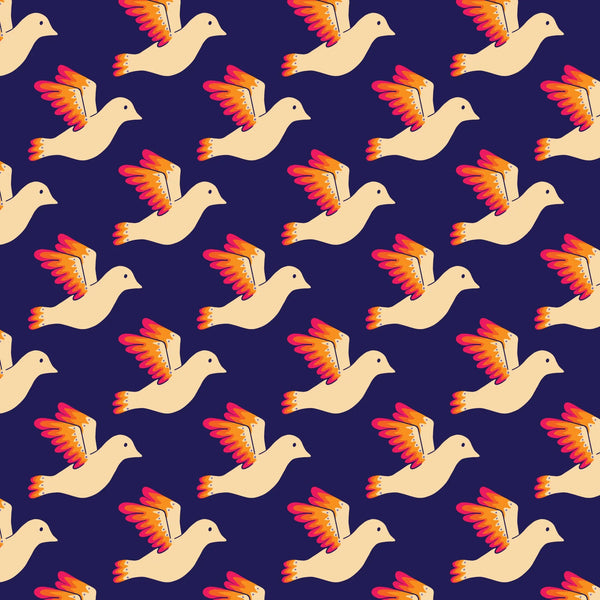 Birdies navy fabric with colorful birds in flight pattern.