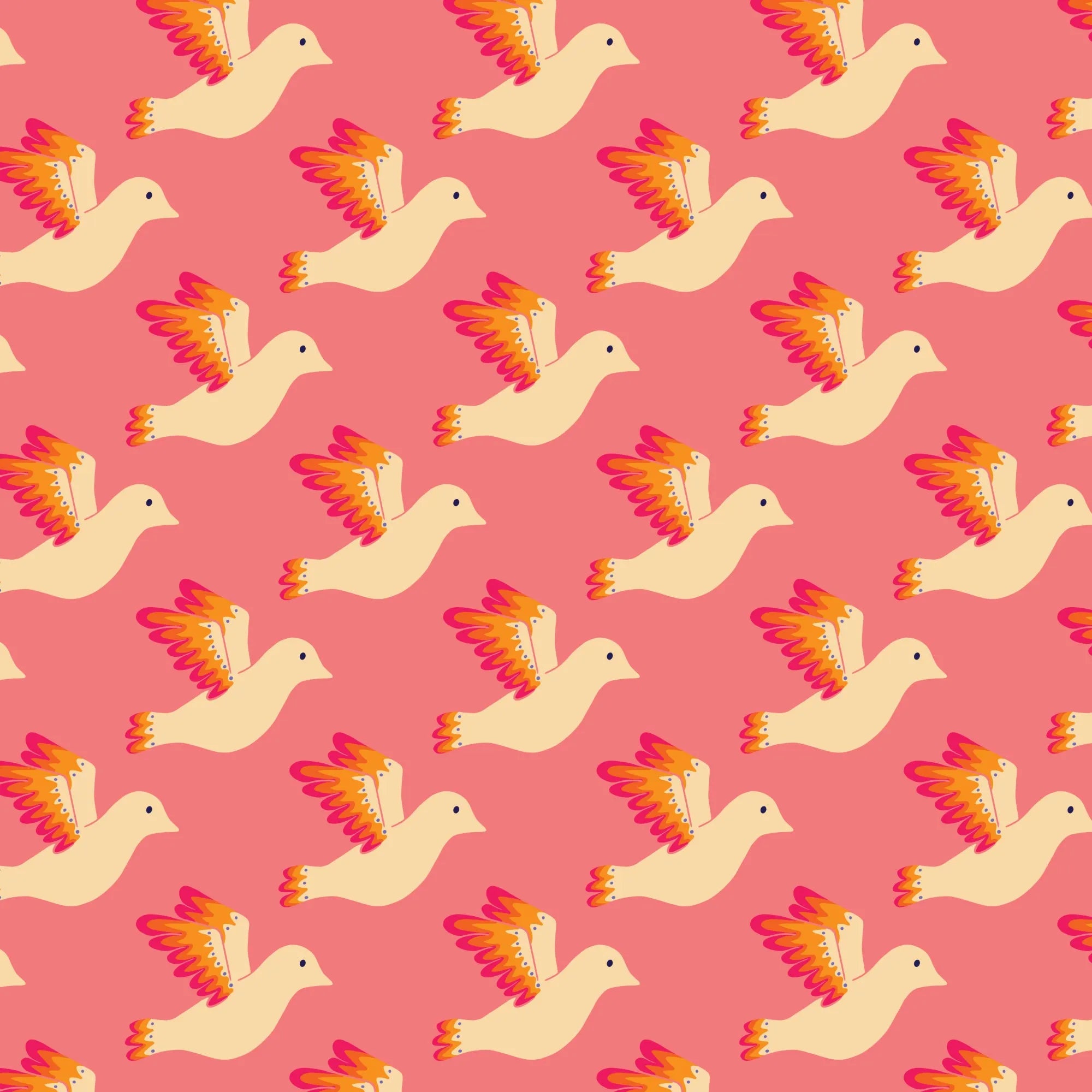Birdies pink fabric with colorful winged bird pattern by Jojulein Design