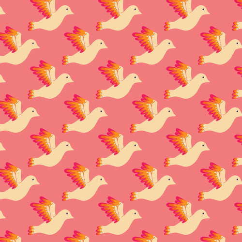 Birdies pink fabric with colorful winged bird pattern by Jojulein Design