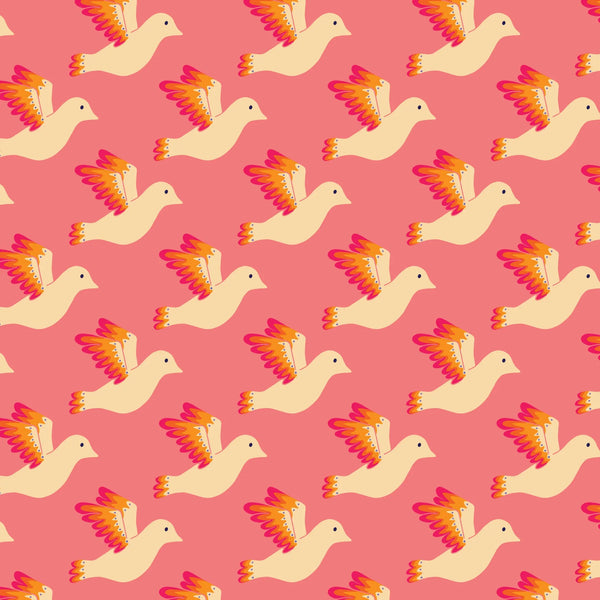 Birdies pink fabric with colorful winged bird pattern by Jojulein Design