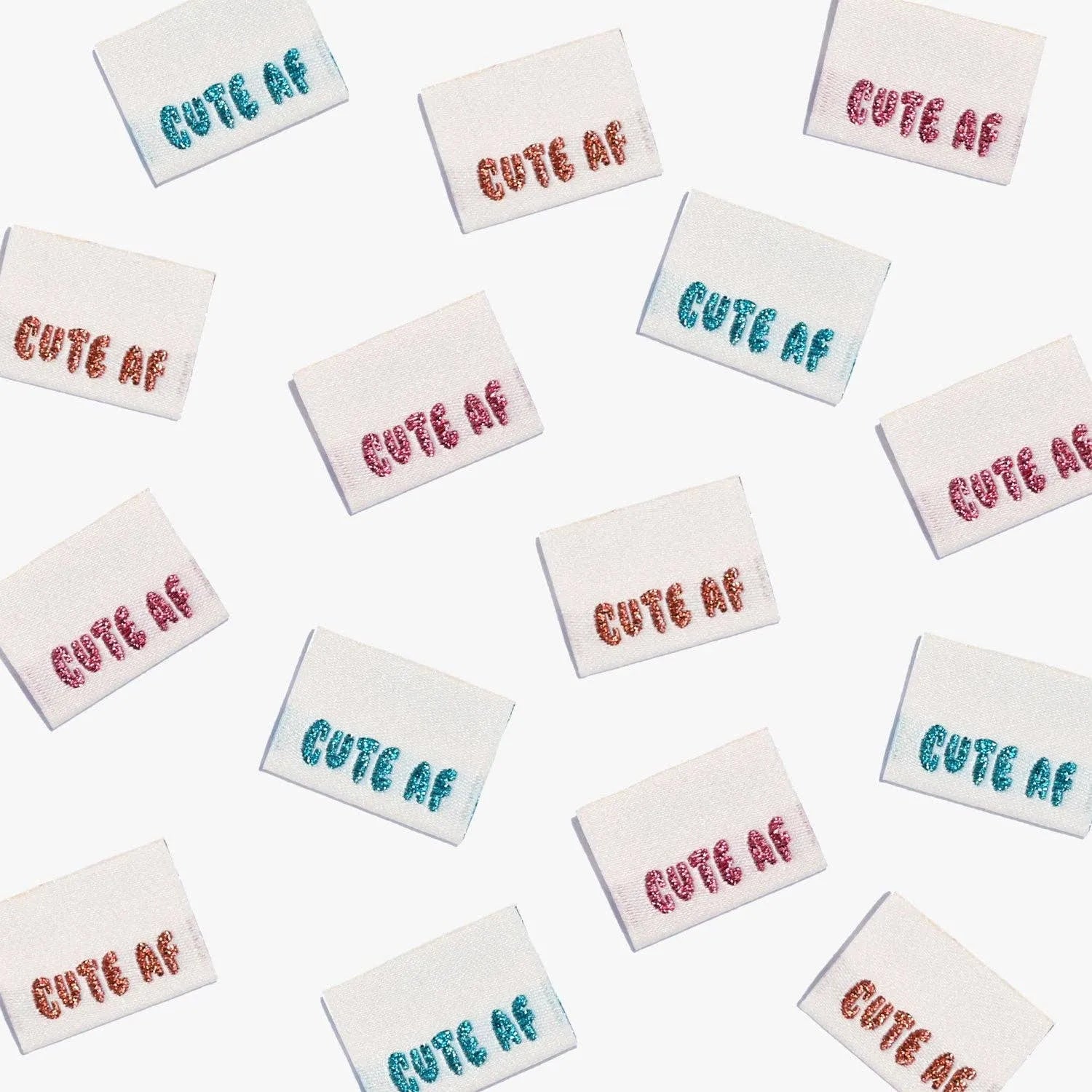 Cute AF! Woven Labels by KATM in colorful embroidered text.