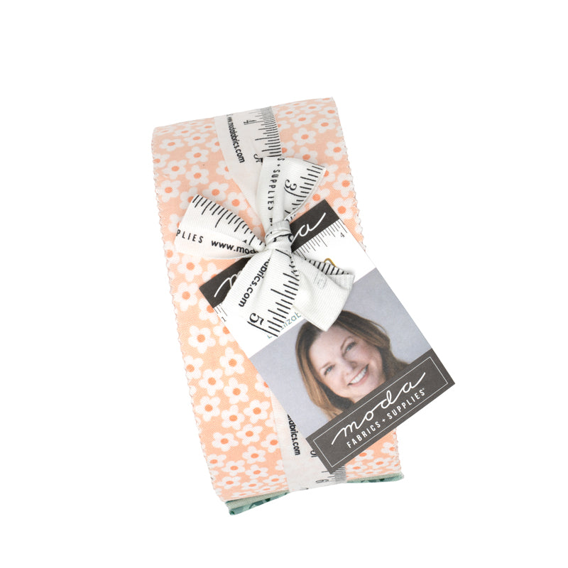 Popcorn by Elizabeth Hartman jelly roll for Moda, tied with a ruler ribbon and showing a peach daisy print on the outer strip.