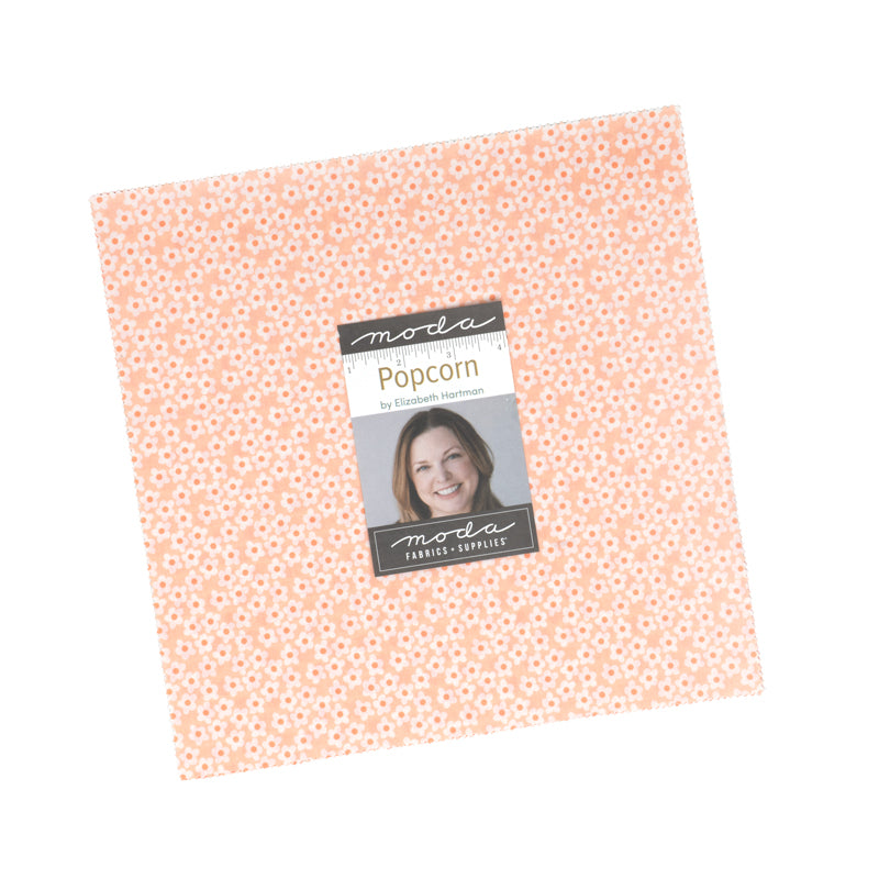 Popcorn by Elizabeth Hartman layer cake for Moda, a stack of 10-inch squares tied with a ruler ribbon, with a peach daisy print on top.
