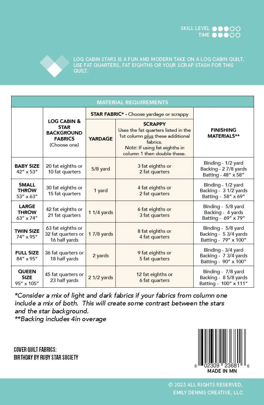 Fabric requirements chart Log Cabin Stars by Quilty Love