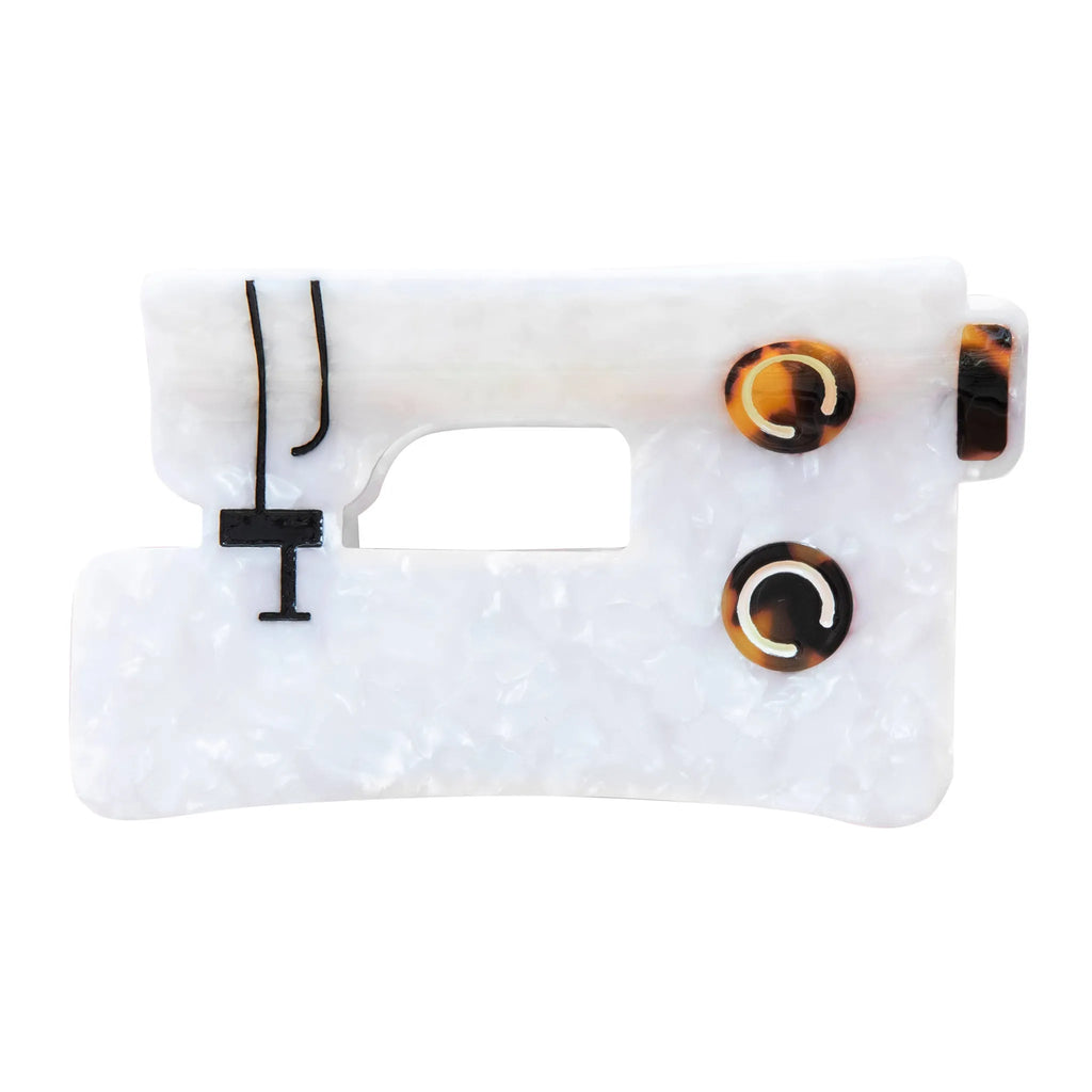 Sewing machine hair clip with tortoiseshell pattern on a white background from Sarah Hearts