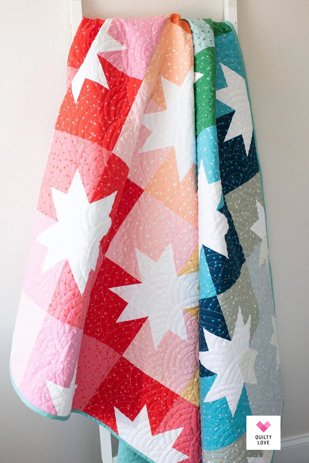 Colorful Modern Sawtooth Star Quilt Drapped Star Pop II by Quilty Love