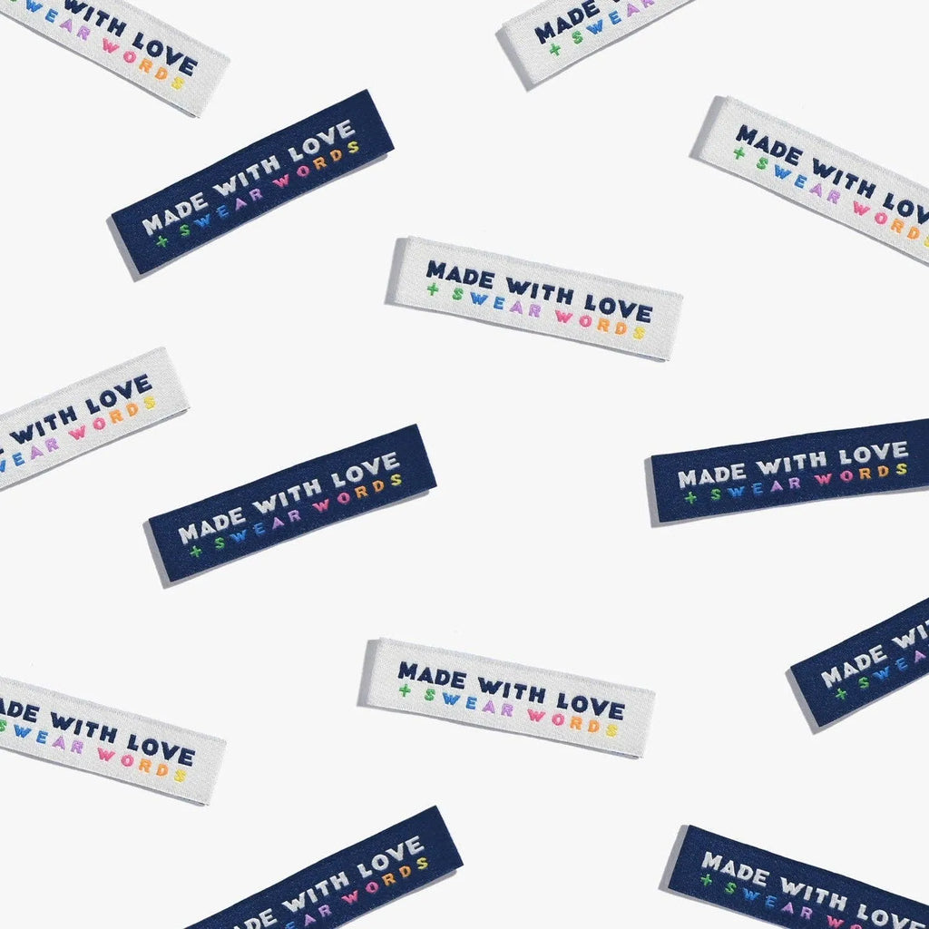 KATM Labels with 'Made with Love & Swear Words' text on a white background