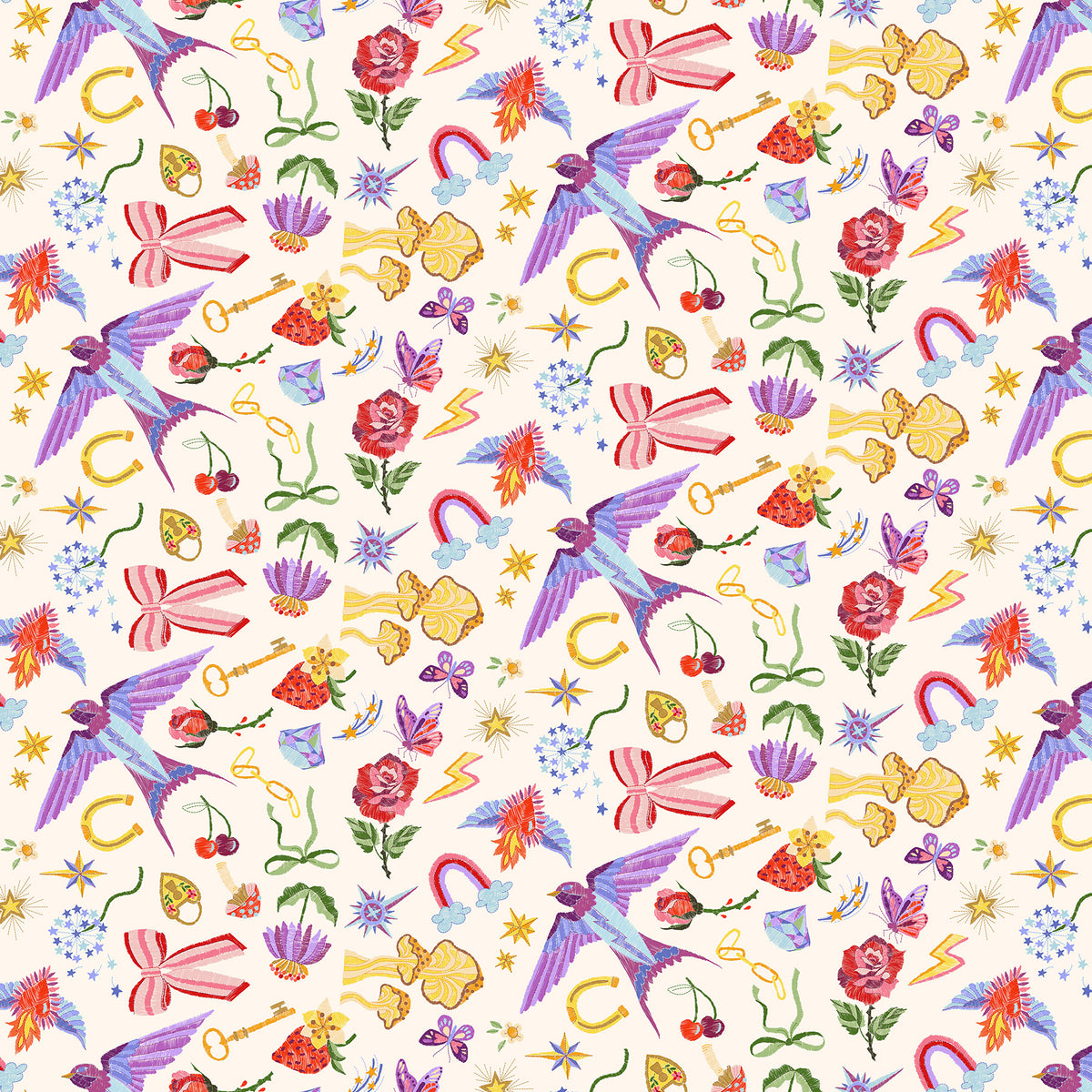 Once Upon a Charm Embroidered Cream Yardage | FIGO Fabrics