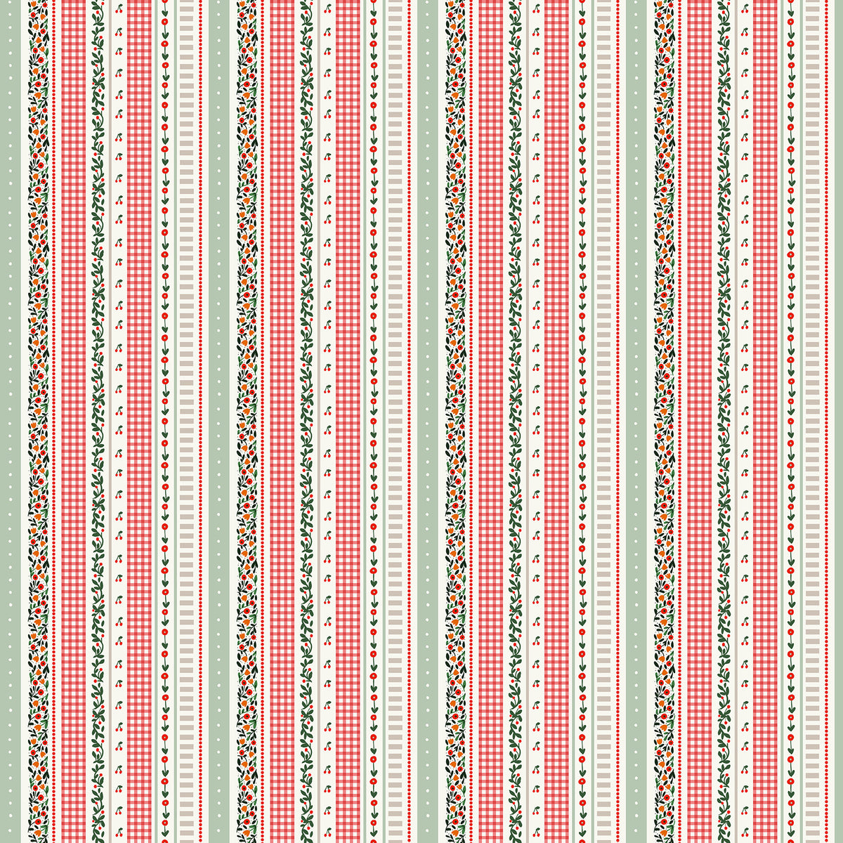 Stripes Red Multi quilting cotton fabric by Bernadett Urbanovics for FIGO Fabrics featuring vertical stripes with gingham, cherries, florals and fruit