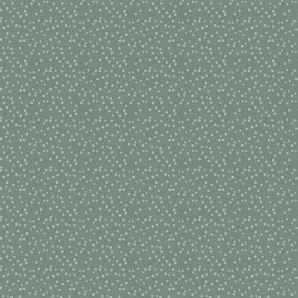 Daisies Green quilting cotton fabric by Bernadett Urbanovics for FIGO Fabrics featuring tiny white daisies on a soft sage green background