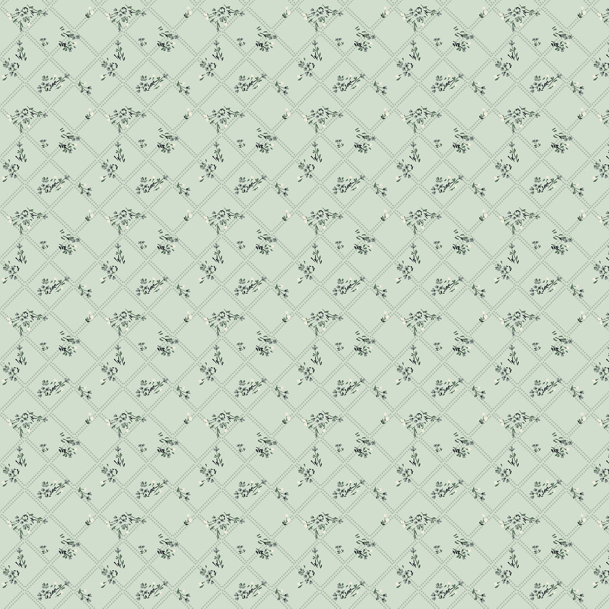 Tablecloth Green quilting cotton fabric by Bernadett Urbanovics for FIGO Fabrics featuring delicate botanical sprigs and a diamond lattice on sage green