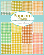 Swatch sheet (113 characters): Popcorn Wovens by Elizabeth Hartman, a grid of gingham swatches in mint, green, yellow, orange, peach, and coral.