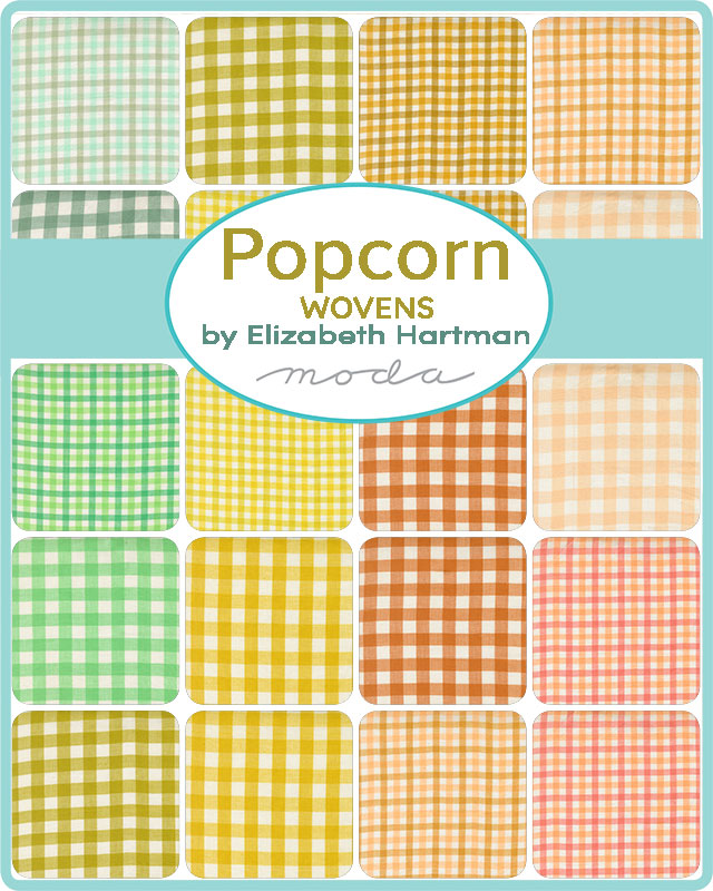 Swatch sheet (113 characters): Popcorn Wovens by Elizabeth Hartman, a grid of gingham swatches in mint, green, yellow, orange, peach, and coral.