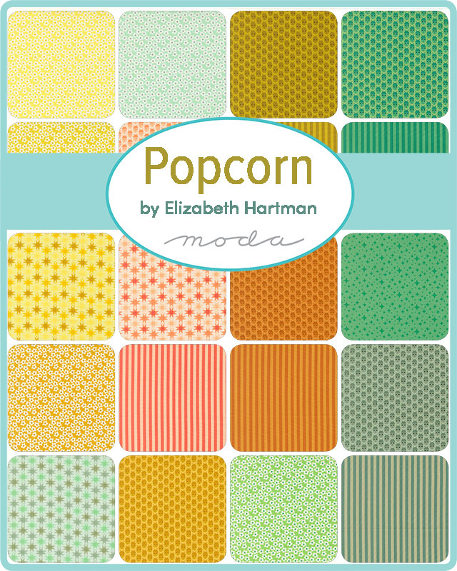Popcorn by Elizabeth Hartman for Moda, a grid of print swatches in yellow, orange, coral, and green daisies, stars, and stripes.