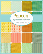 Popcorn by Elizabeth Hartman for Moda, a grid of print swatches in yellow, orange, coral, and green daisies, stars, and stripes.