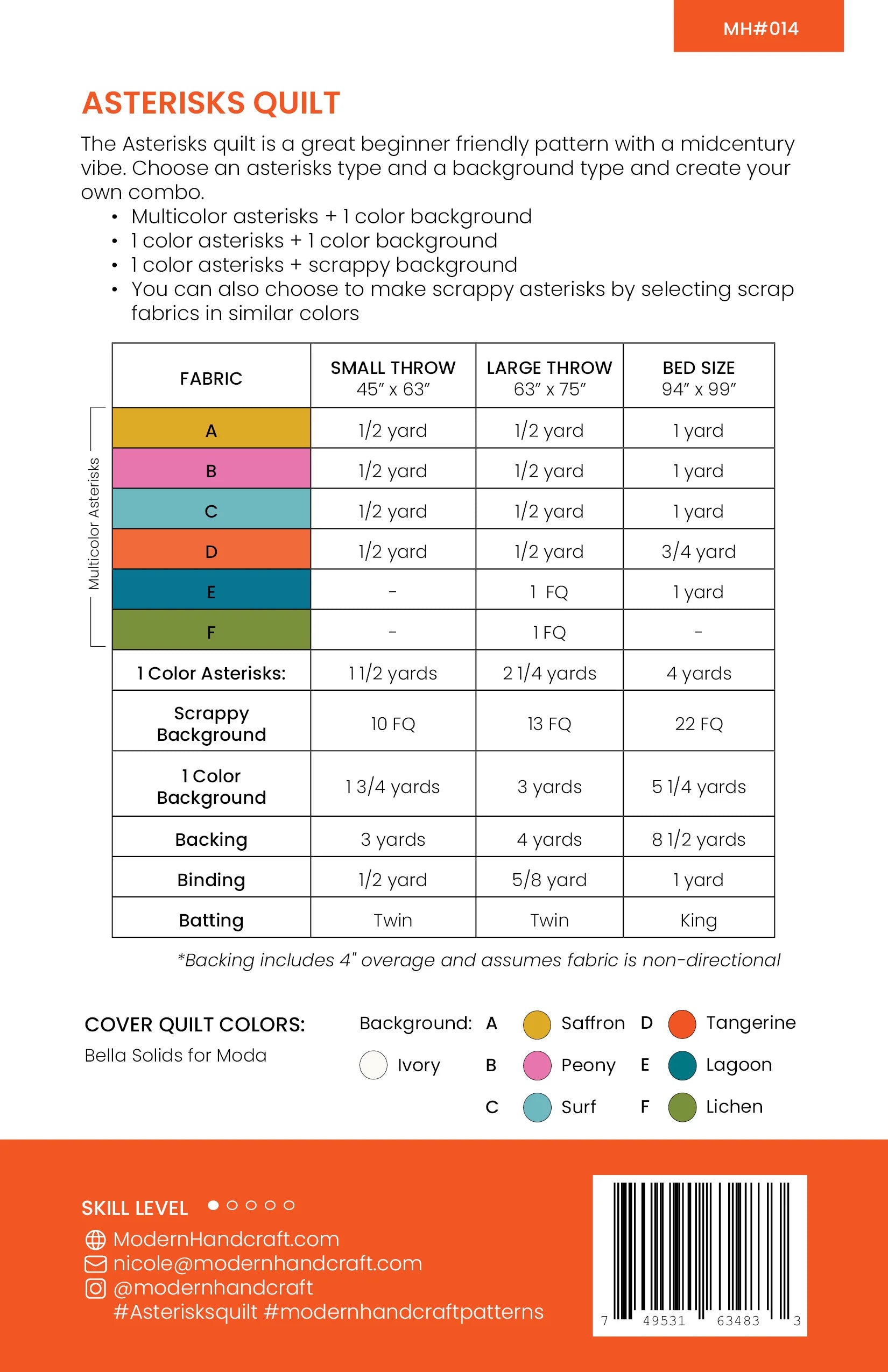 Asterisks fabric requirements for beginner-friendly quilt pattern by Modern Handcraft Quilts