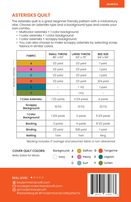 Asterisks fabric requirements for beginner-friendly quilt pattern by Modern Handcraft Quilts