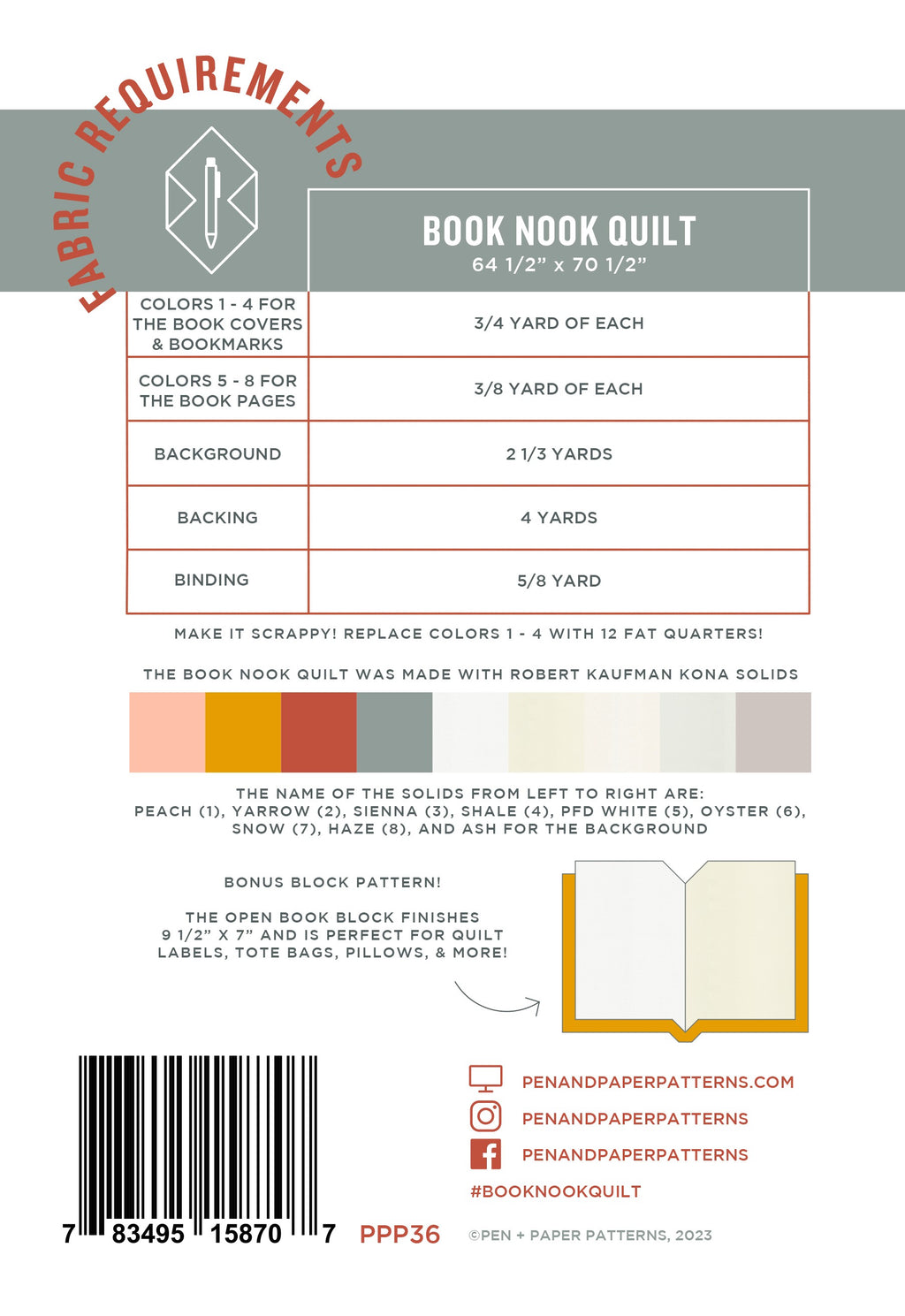 Fabric Requirements for Book Nook Quilt Pattern by Pen + Paper Patterns