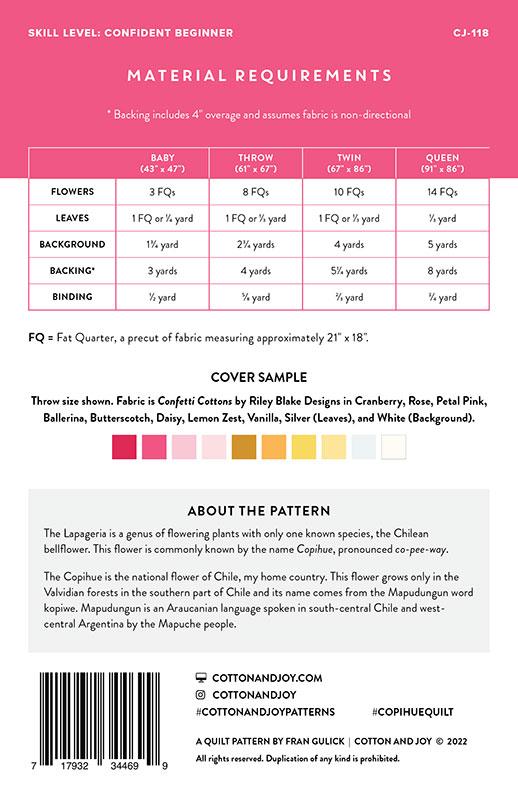 Fabric Requirements for Cophihue Printed Quilt Pattern designed by Fran Gulick forCotton and Joy Patterns