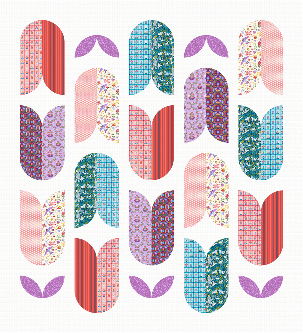 Once Upon a Charm Copihue quilt, with curved floral blocks in pink, purple, teal, and red on a Paper White Grunge background.