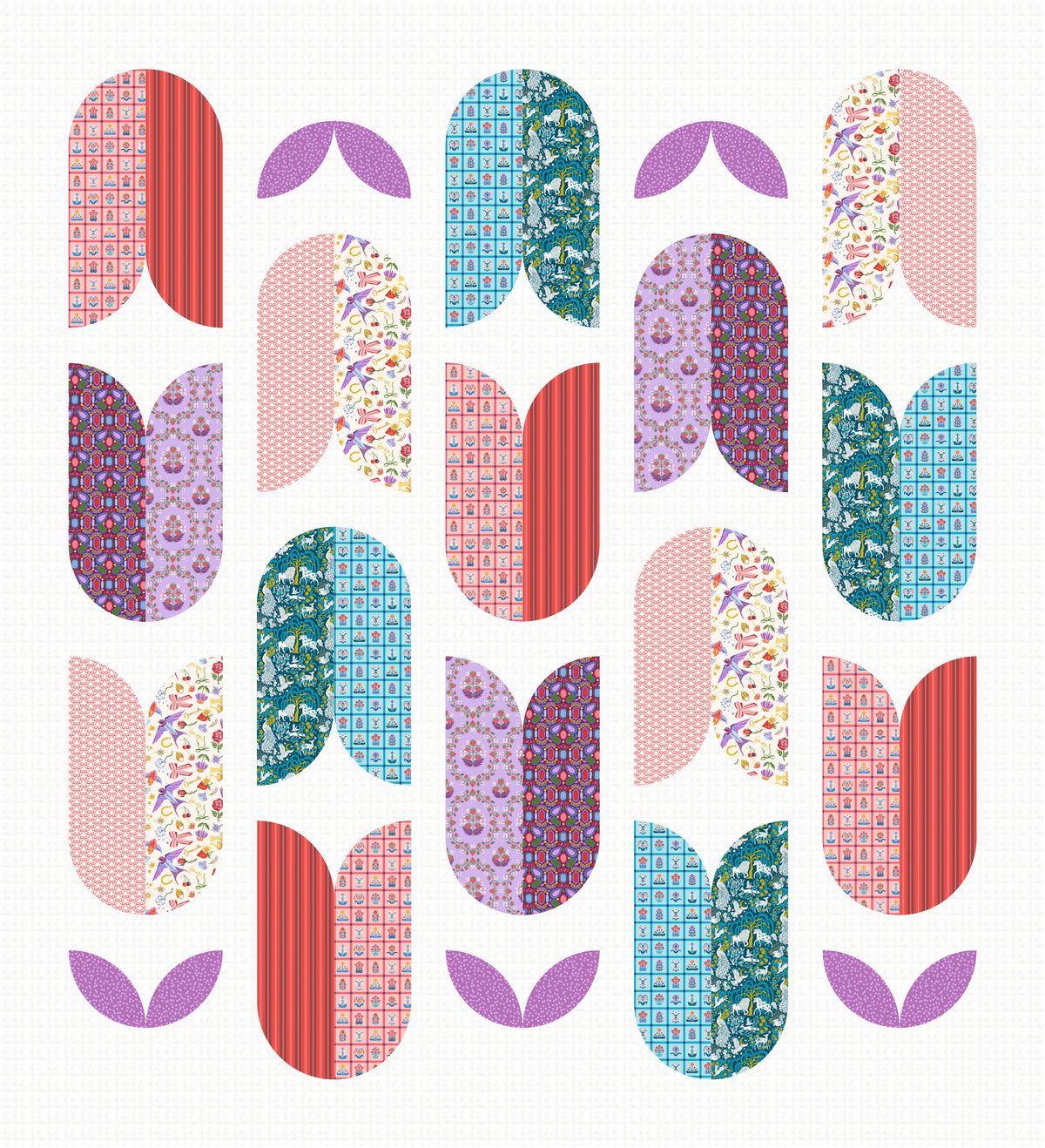 Once Upon a Charm Copihue quilt, with curved floral blocks in pink, purple, teal, and red on a Paper White Grunge background.