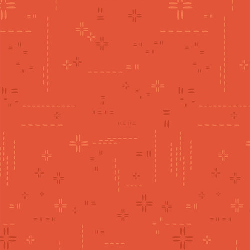 Geometric pattern with dashed lines and crosses on a orangy-red background