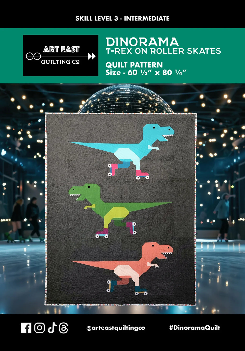 Dinorama - T-rex on Roller Skates Quilt Pattern by Art East Quilting Co