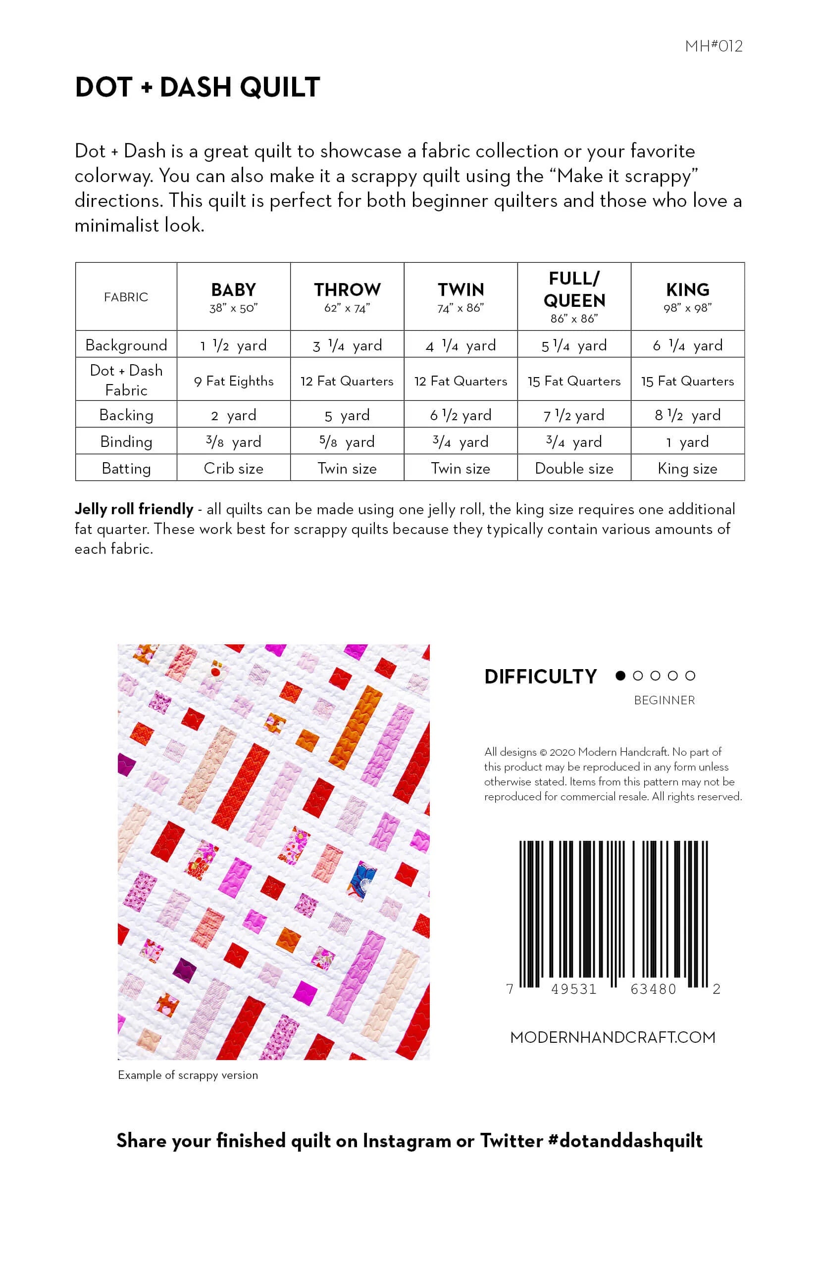 Dot + Dash pattern fabric requirements for beginner-friendly quilt pattern by Modern Handcraft Quilts
