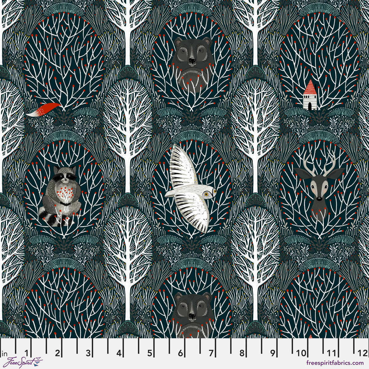 Woodland Friends Navy Christmas quilting fabric with bears, deer, rabbits and winter trees by Cori Dantini for FreeSpirit Fabrics