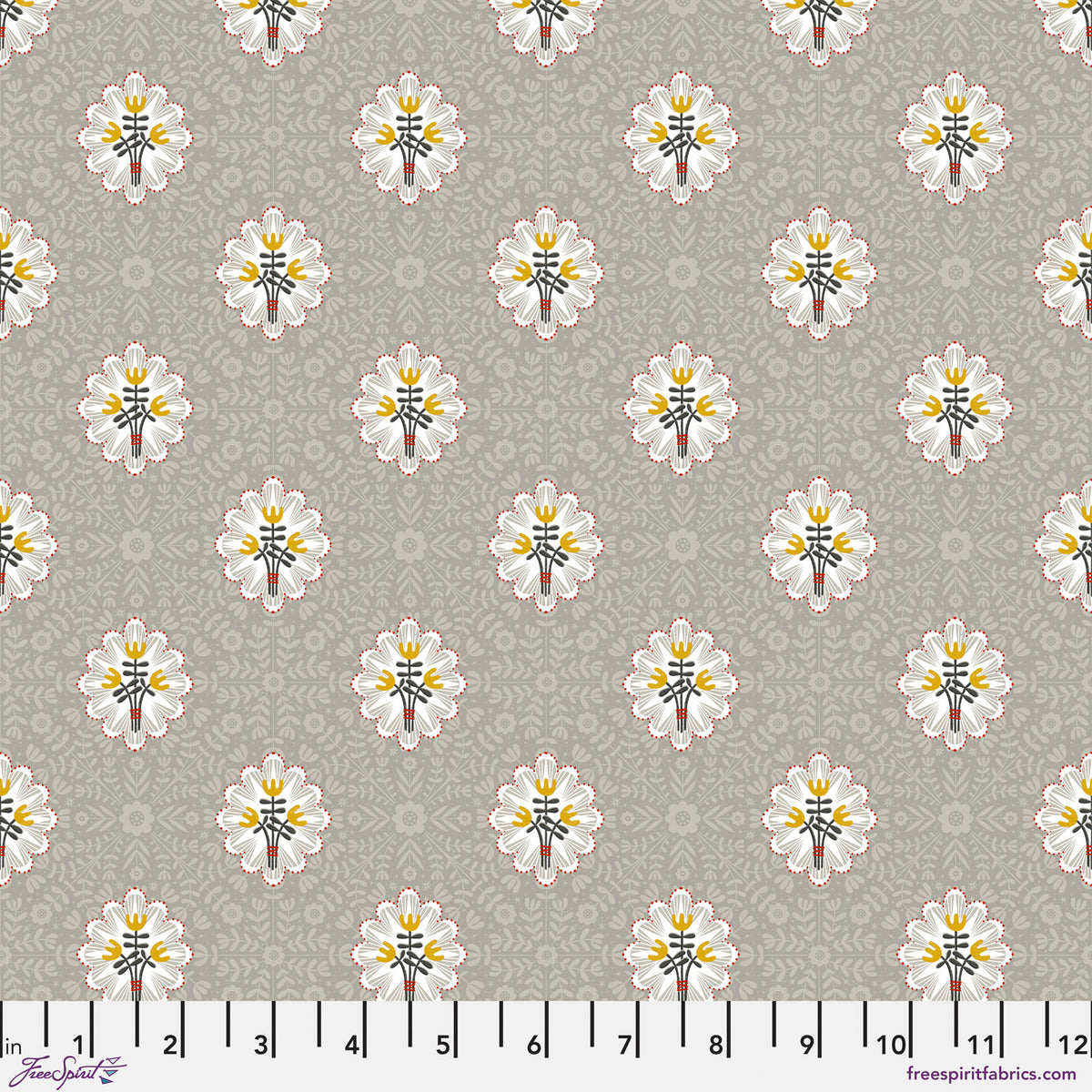 Soft Floral Taupe quilting fabric with white and yellow flowers by Cori Dantini for FreeSpirit Fabrics