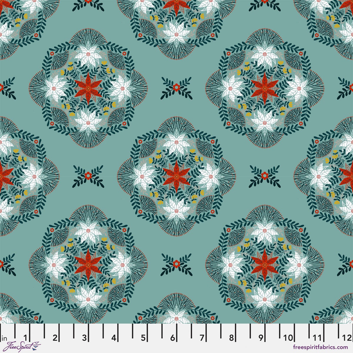 Flowers in the Thicket Teal floral Christmas quilting fabric by Cori Dantini for FreeSpirit Fabrics
