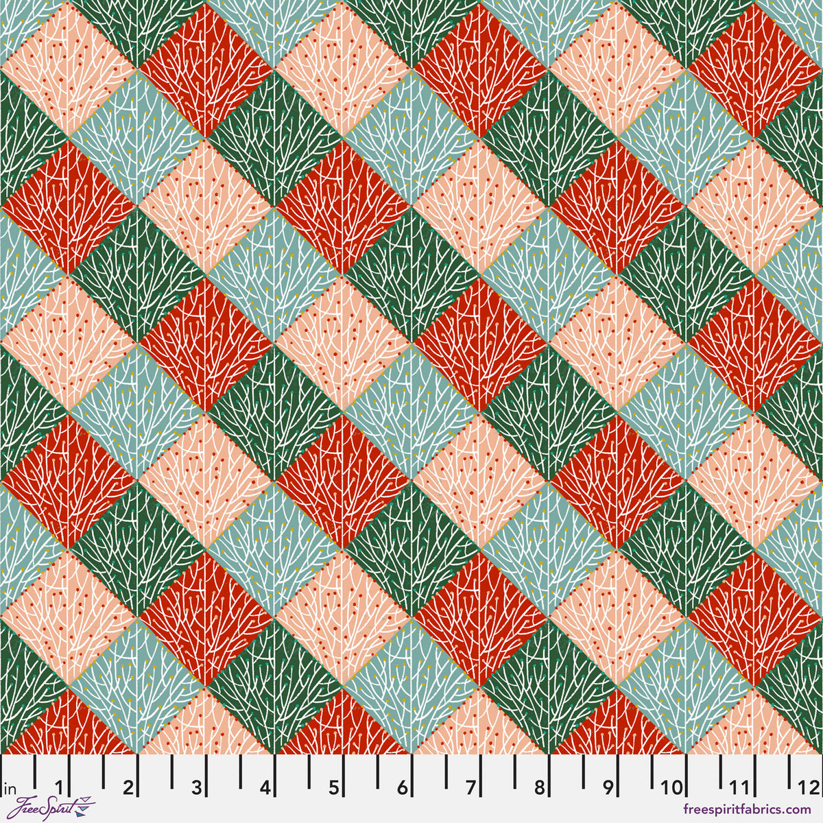 Branch Work Multi geometric Christmas quilting fabric with red, green, peach and blue tree branches by Cori Dantini for FreeSpirit Fabrics