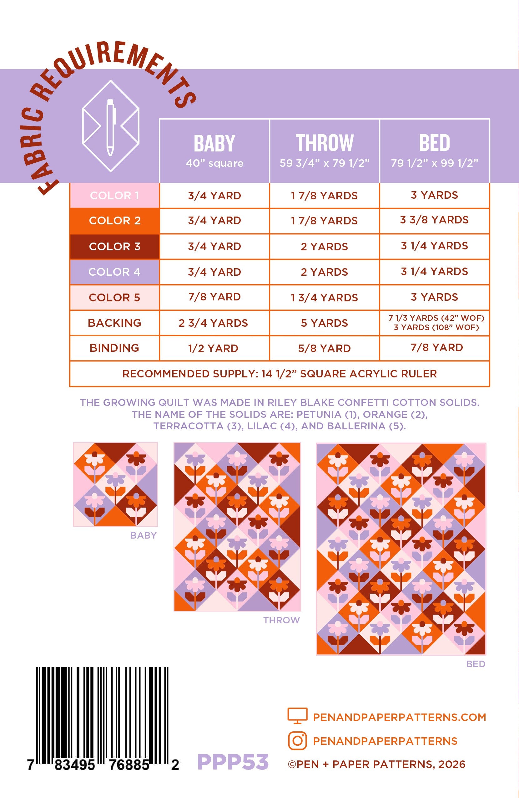 Fabric Requirements - Growing Quilt Pattern by Pen + Paper Patterns 