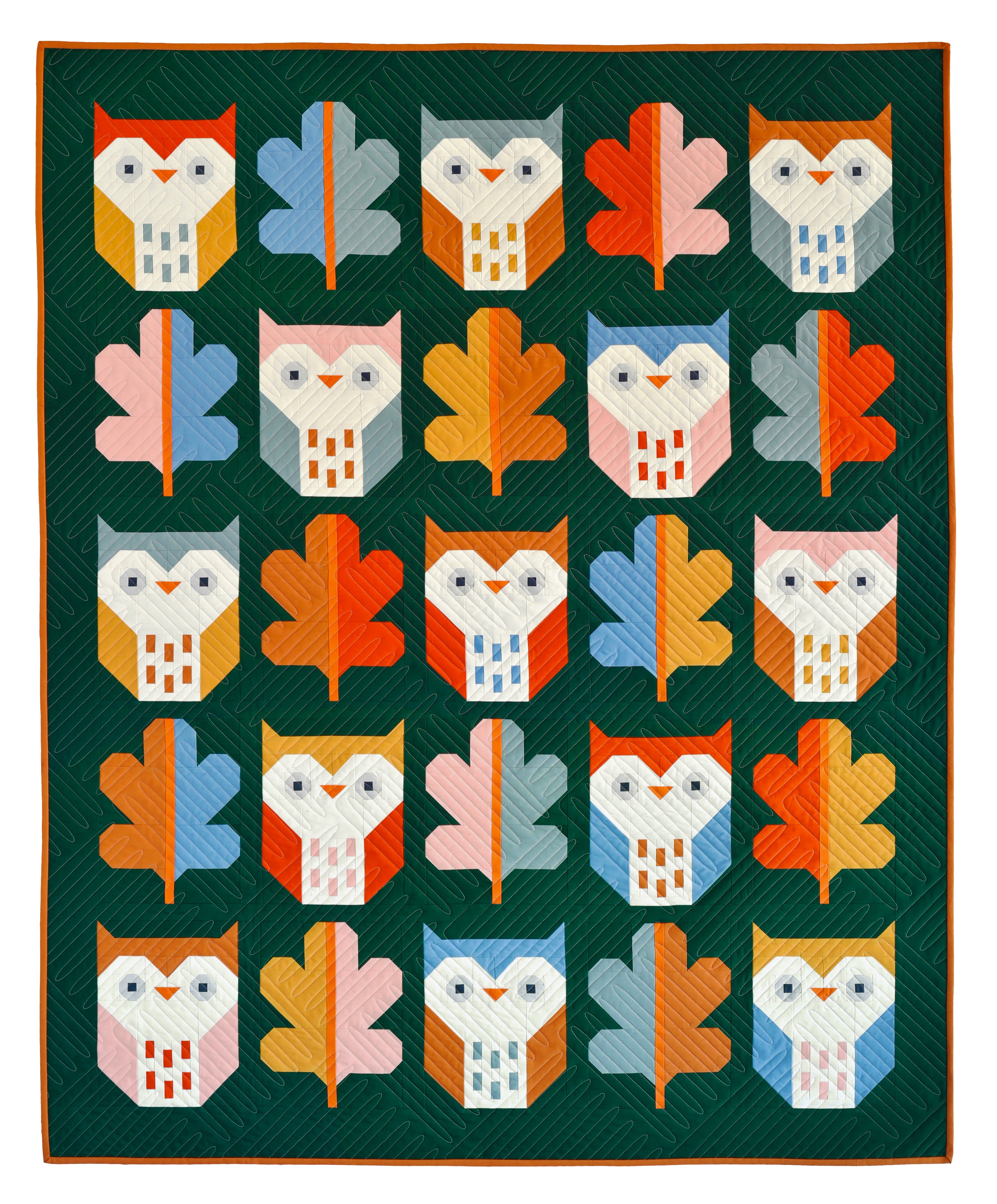 Night Owl beginner-friendly colorful quilt pattern with owl and leaf blocks by Pen + Paper Patterns