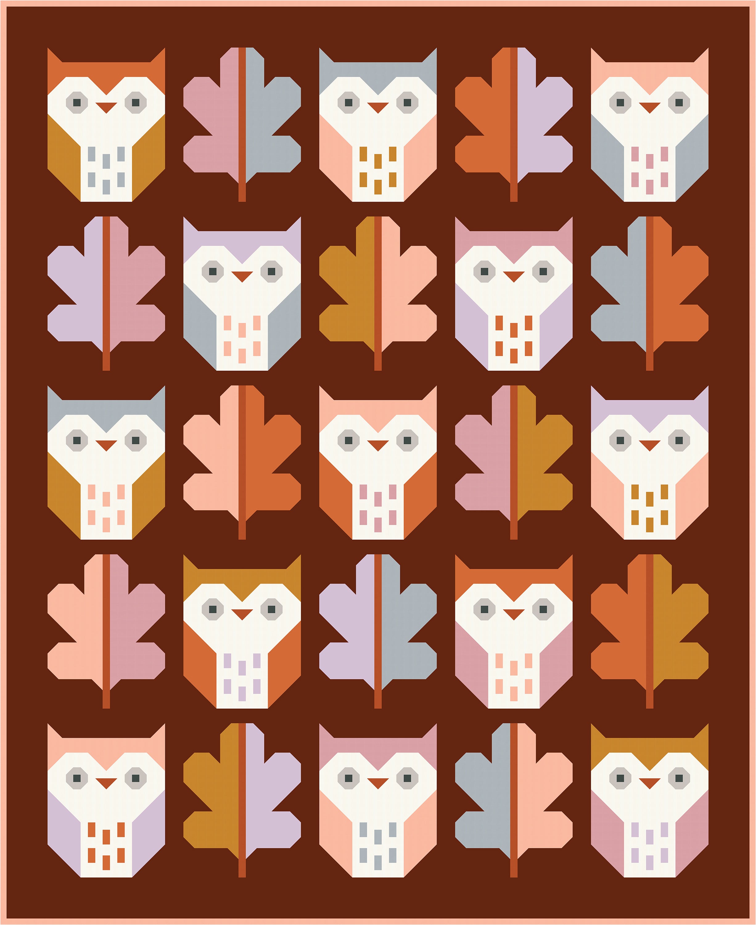 Night Owl quilt pattern with owl and leaf blocks for confident beginners by Pen + Paper Patterns