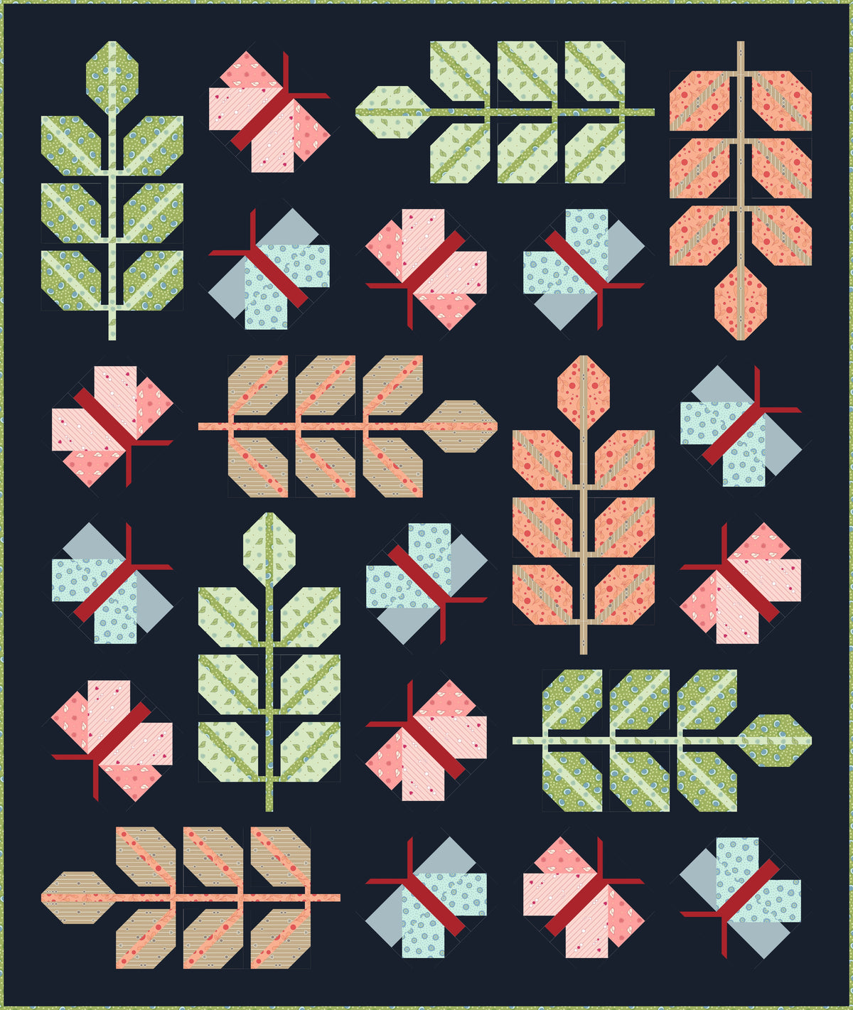 Oak Moth quilt on a dark navy background with 14 pieced moths in coral, pink and sky blue with ruby bodies, among 8 leafy branches in green, carrot and tan.
