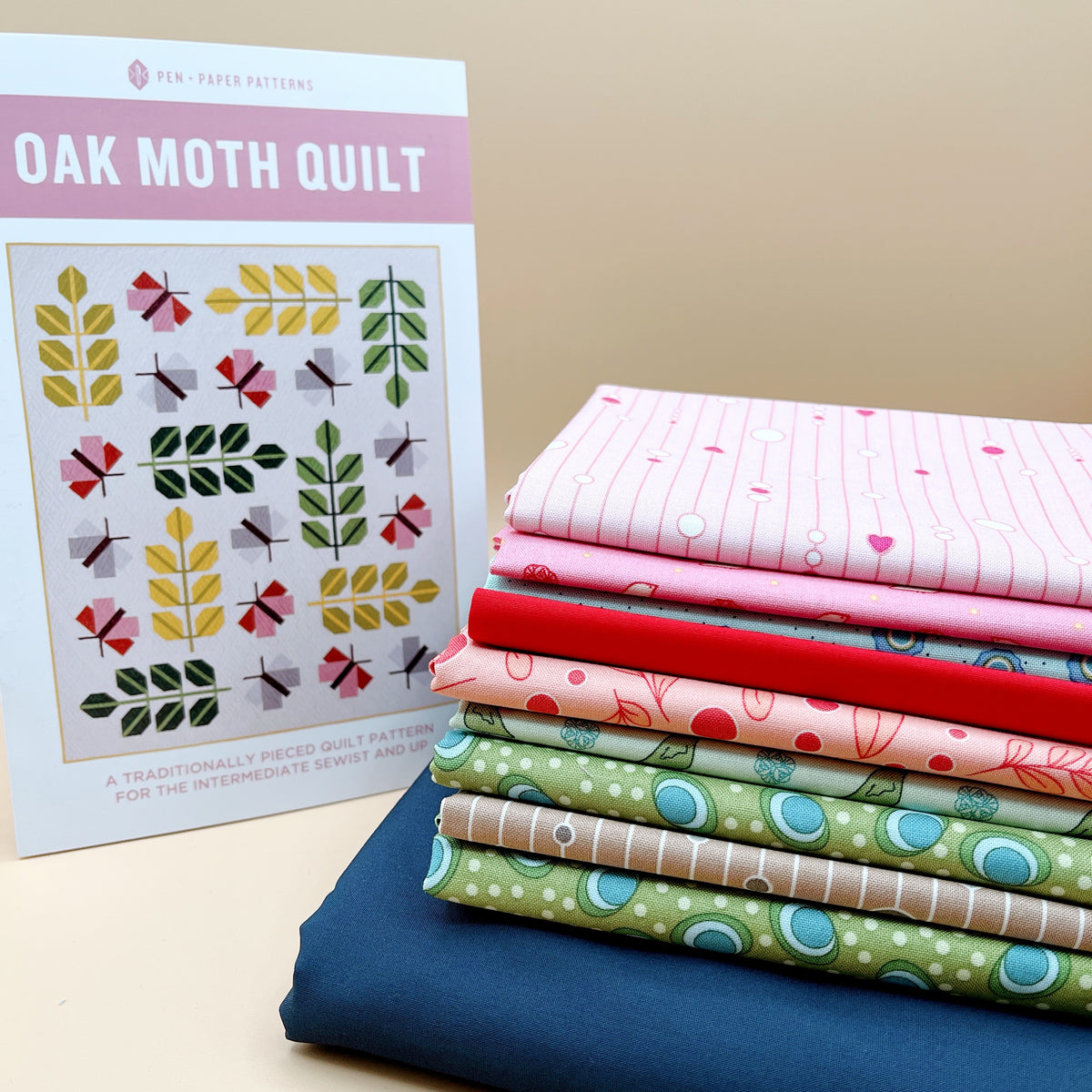 Custom Quilt Kit with A Song to Sing Collection with Oak Moth Quilt Pen + Paper Patterns with the Nocturnal (deep navy) background option.