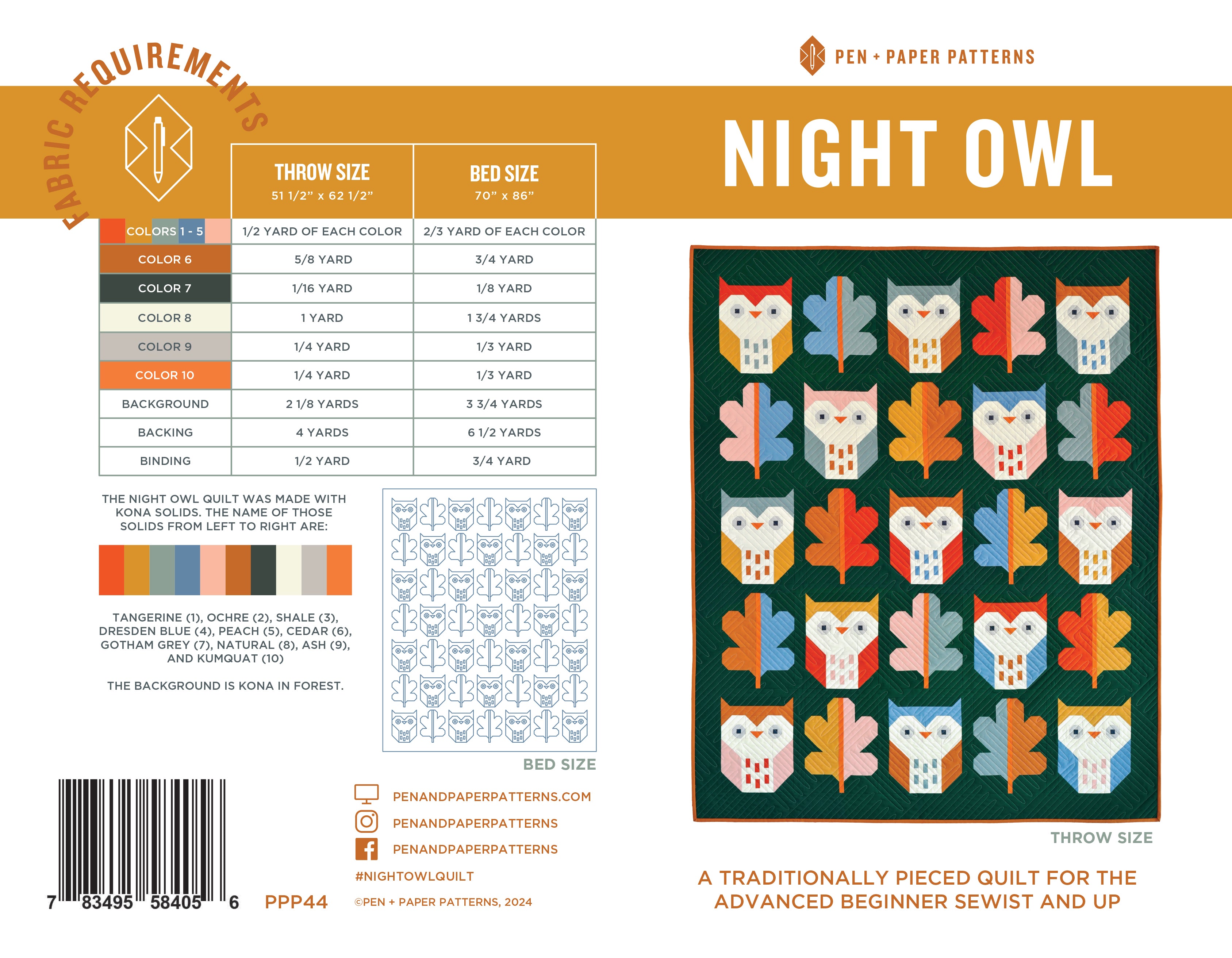Cover of Night Owl beginner-friendly quilt pattern by Pen + Paper patterns