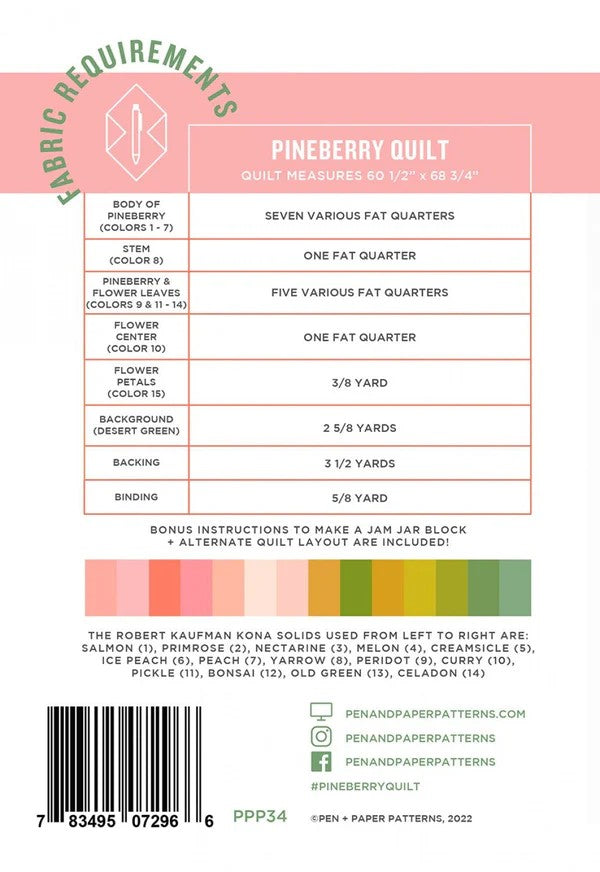 Fabric requirements chart for the Pineberry quilt pattern by Pen + Paper Patterns