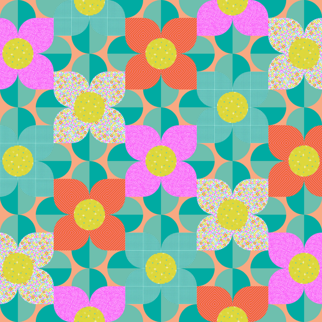 Mockup of Blooms Quilt Pattern with Ghostly Garden Collection Fabrics